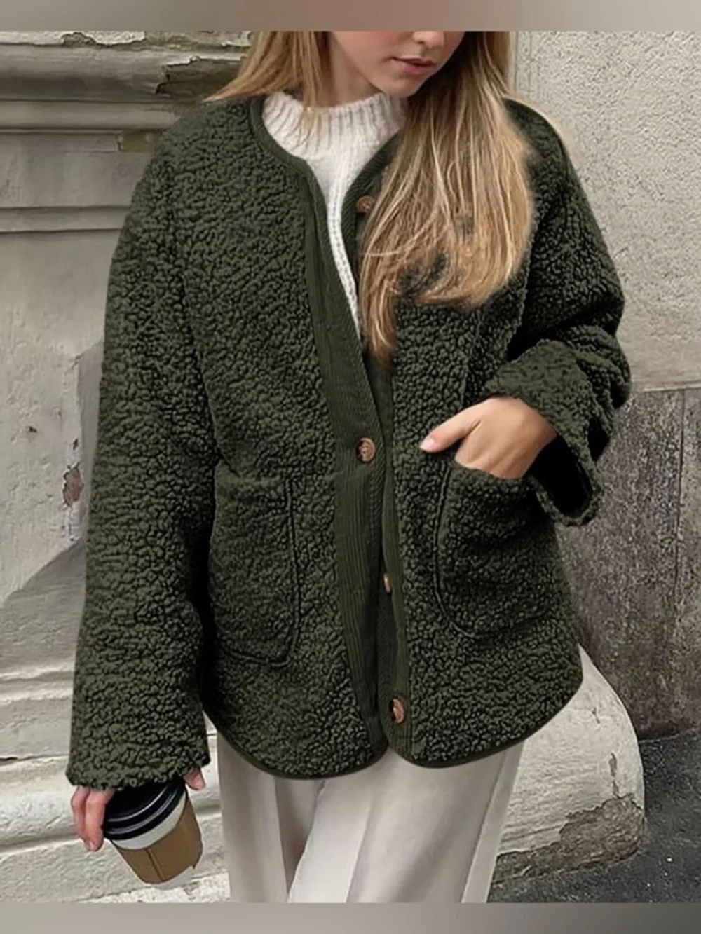 NWT-Large fleece oversized Cozy Olive Sherpa Jacket - Women's Button-Front Coat